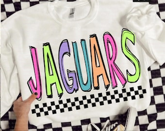 Neon Checkered Jaguars PNG, School Mascot Spirit Shirt Design, Retro Colorful Team Pride PNG, Custom Pastel Sublimation, Back To School PNG