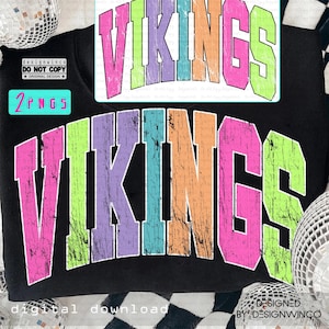 Vikings Mascot PNG, Retro Grunge Rainbow Varsity Letters Sublimation, Colorful School Spirit Wear Shirt Design, Team Pride Game Day PNG