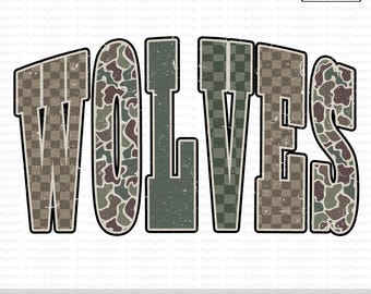Wolves PNG, Camo Mascot Design, Distressed Varsity Team Spirit Sublimation, Retro Game Day Sports PNG, School Spirit Wear Shirt Design