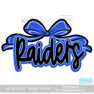 Raiders PNG, Retro Blue Raiders Mascot Bow PNG, Cute Preppy School Spirit PNG, Raiders Shirt Design for Cheer Moms and Game Day Fans