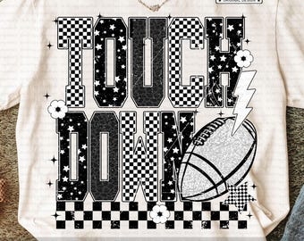 Touchdown de fútbol PNG, diseño de camiseta de fútbol retro, estampado de leopardo con estrellas a cuadros PNG, sublimación de fútbol con purpurina, día del juego, otoño PNG