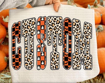 Custom Name Halloween PNG, Retro Leopard Print Name Design, Spooky Shirt PNG, Ghost Bat Halloween Letters, Cute Personalized Halloween Shirt