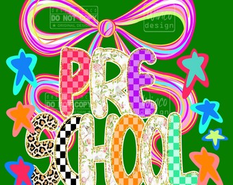 Preschool PNG, Coquette Bow Back to School Shirt Design, Girly Neon Checkered Leopard PNG, Cute First Day of Preschool for Teachers and Kids