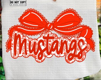 Mustangs Mascot PNG, Coquette Lace Bow Sublimation PNG, Cute Girly School Spirit Wear, Y2K Cheer Team Pride Png, Retro Mascot Shirt Design
