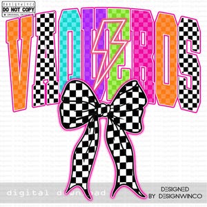 May include: A digital design featuring the word "VALEROS" in vibrant colors, including orange, teal, purple, green, and pink, with a lightning bolt graphic. A large black and white checkered bow is at the bottom. The design is set against a white background.
