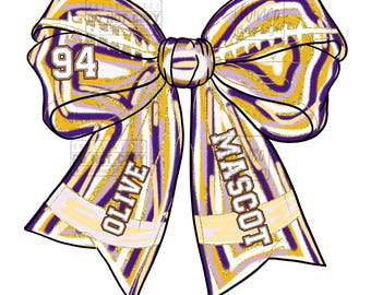 Fiocco da football personalizzato in formato PNG, mascotte Coquette in formato PNG, spirito scolastico con glitter e pennellate, design per maglietta da cheerleader per il giorno della partita, file personalizzato per l'orgoglio scolastico