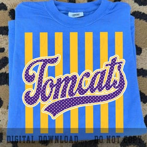 Może przedstawiać: Jasnoniebieski t-shirt z grafiką w pionowe żółte paski. Na paski nałożony jest napis "Tomcats" wykonany fioletową czcionką skryptową w białe kropki. Koszulka posiada okrągły dekolt oraz metkę marki Comfort Colors przy kołnierzu.