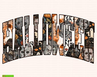 Halloween Word Art PNG, Horror Movie Characters Collage PNG, Vintage Floral Spooky PNG,Fall Shirt Mug Tote Gift Design,Creepy Aesthetic File