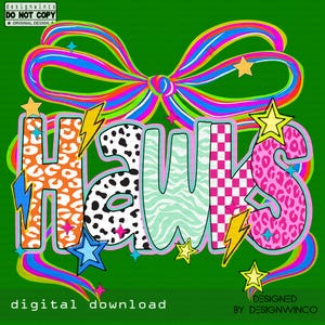 Hawks Mascot Coquette Bow PNG, Funky Checkered Floral Letters PNG, Preppy School Spirit PNG, Game Day Png, Cute Fun Trending Png