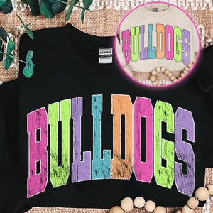 Bulldogs Mascot PNG, Retro Grunge Rainbow Varsity Letters Sublimation, Colorful School Spirit Wear Shirt Design, Team Pride Game Day PNG