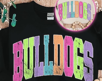 Bulldog-mascotte png, retro grunge regenboog varsity letters sublimatie, kleurrijk shirtontwerp schoolgeest slijtage, Team Pride Game Day png