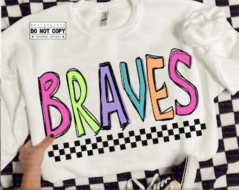 Mascota retro de los Bravos PNG, PNG a cuadros coloridos dibujados a mano, Diseño de camiseta para el día del juego con espíritu escolar, Descarga digital de sublimación de porristas