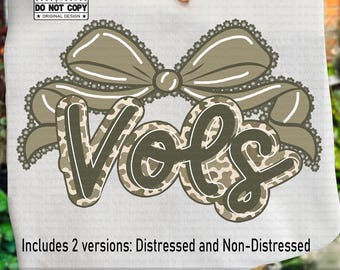 Vols Mascot PNG, Retro Camo Lace Bow Script Letters, Coquette School Spirit Game Day Shirt Design, Cheer Team Pride Sublimation PNG
