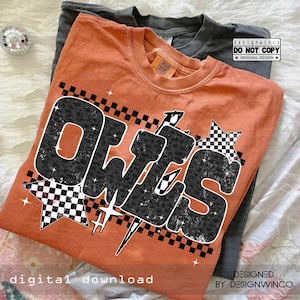 May include: An orange t-shirt with the word "OWLS" in a black leopard print design, accented with checkered stars and lightning bolts. The shirt is part of a digital download collection. A gray t-shirt is visible underneath.
