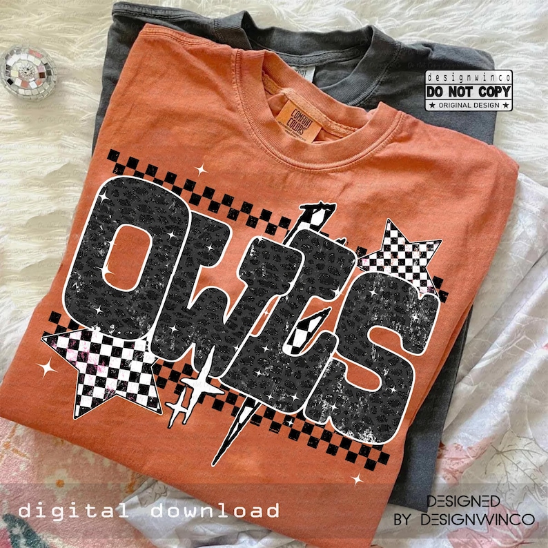 May include: An orange t-shirt with the word "OWLS" in a black leopard print design, accented with checkered stars and lightning bolts. The shirt is part of a digital download collection. A gray t-shirt is visible underneath.