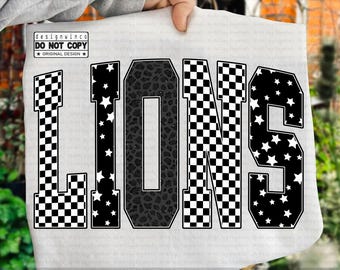 ライオンズPNG、レトロなチェッカーボードのヒョウ柄スター文字、スクールスピリットゲームデーシャツデザイン、バーシティマスコット昇華PNG、チームプライドPNG