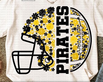 Pirates PNG, Yellow Black Floral Football Helmet PNG, Pirates Mascot School Spirit Design, Varsity Team Pride, Game Day Shirt Design PNG