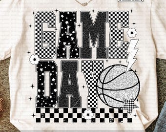 Retro Game Day Basketball PNG, Checkerboard Basketball Png, Basketball Shirt Design, Sports Mom PNG, Vintage Basketball Season Sublimation