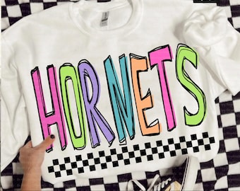 Neon Checkered Hornets PNG, School Mascot Spirit Shirt Design, Retro Colorful Team Pride PNG, Custom Pastel Sublimation, Back To School PNG