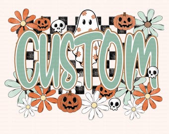 Custom Halloween Name PNG, Retro Ghost Floral Design PNG, Cute Spooky Season Shirt for Kids and Family, Fall Name Sublimation Download