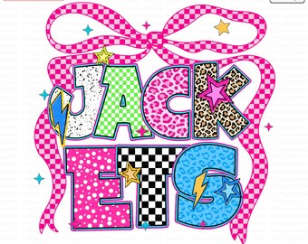Jackets PNG, Retro Mascot Letters with Bow and Stars, Colorful School Spirit Game Day Shirt Design, Sublimation PNG, Team Pride PNG