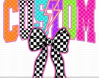 Custom Mascot Team Name PNG, Personalized School Spirit Sublimation, Editable Team Shirt PNG, Retro Checkered Bow Lightning Bolt Letters PNG