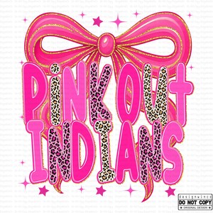 Pink Out Indians PNG, Bröstcancermedvetenhetsmatchdagströja, Coquette Rosett Leopardtryck PNG, Glitter Cheer Spirit Design, School Pride PNG