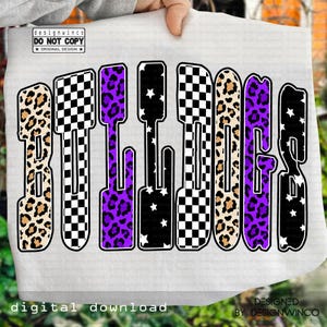 Bulldogs Mascot PNG, Leopard Star Checkered Varsity Letters, School Spirit Sublimation Design, Game Day Shirt Download, Team Pride PNG