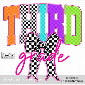 Third Grade PNG, 3rd Grade Back to School Shirt Design, Coquette Girl Sublimation, Y2K Checkered Bow Clipart, Digital Download