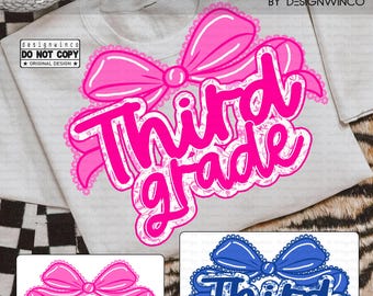 Third Grade PNG, 3rd Grade Coquette Bow PNG, Girly Third Grade Shirt Design, Pink Lace Floral Toile Digital Download, Back to School Png