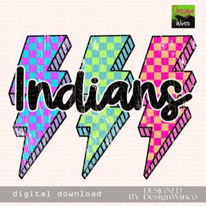 Indians Png, Checkered Lightning Bolt Png, Retro Indians Sublimation, Game Day Png, Indians Shirt, Indians Mascot Png, Neon Indians Png