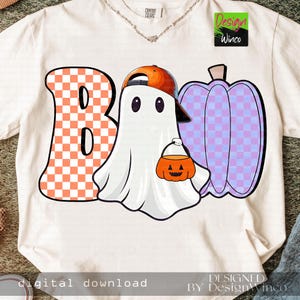 Boo Ghost Boy PNG, Pastel Halloween PNG, Cute Ghost with Cap, Checkered Pumpkin Design, Toddler Trick or Treat Shirt Sublimation