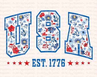 Floral USA EST 1776 Png, Retro America Png, 4th Of July Png Patriotic Png, USA Floral Toile Red White Blue Water Color Png