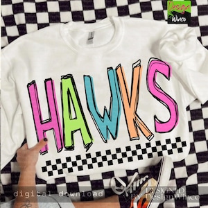 Neon Checkered Hawks PNG, School Mascot Spirit Shirt Design, Retro Colorful Team Pride PNG, Custom Pastel Sublimation, Back To School PNG