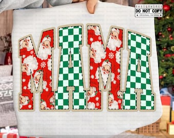 May include: A white graphic featuring the word "MAMA" in a festive design. The letters are outlined in a light brown colour. The "M" and "A" are filled with a red pattern of Santa Claus faces, while the other "M" and "A" are green and white checkered.