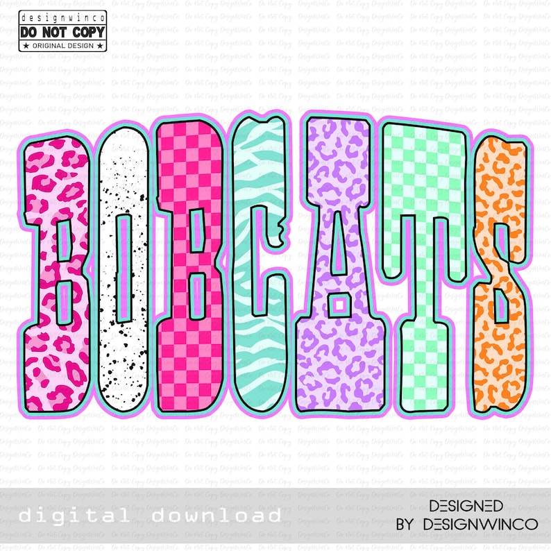 Bobcats Mascot PNG, School Spirit Wear Sublimation, Neon Checkerboard ...