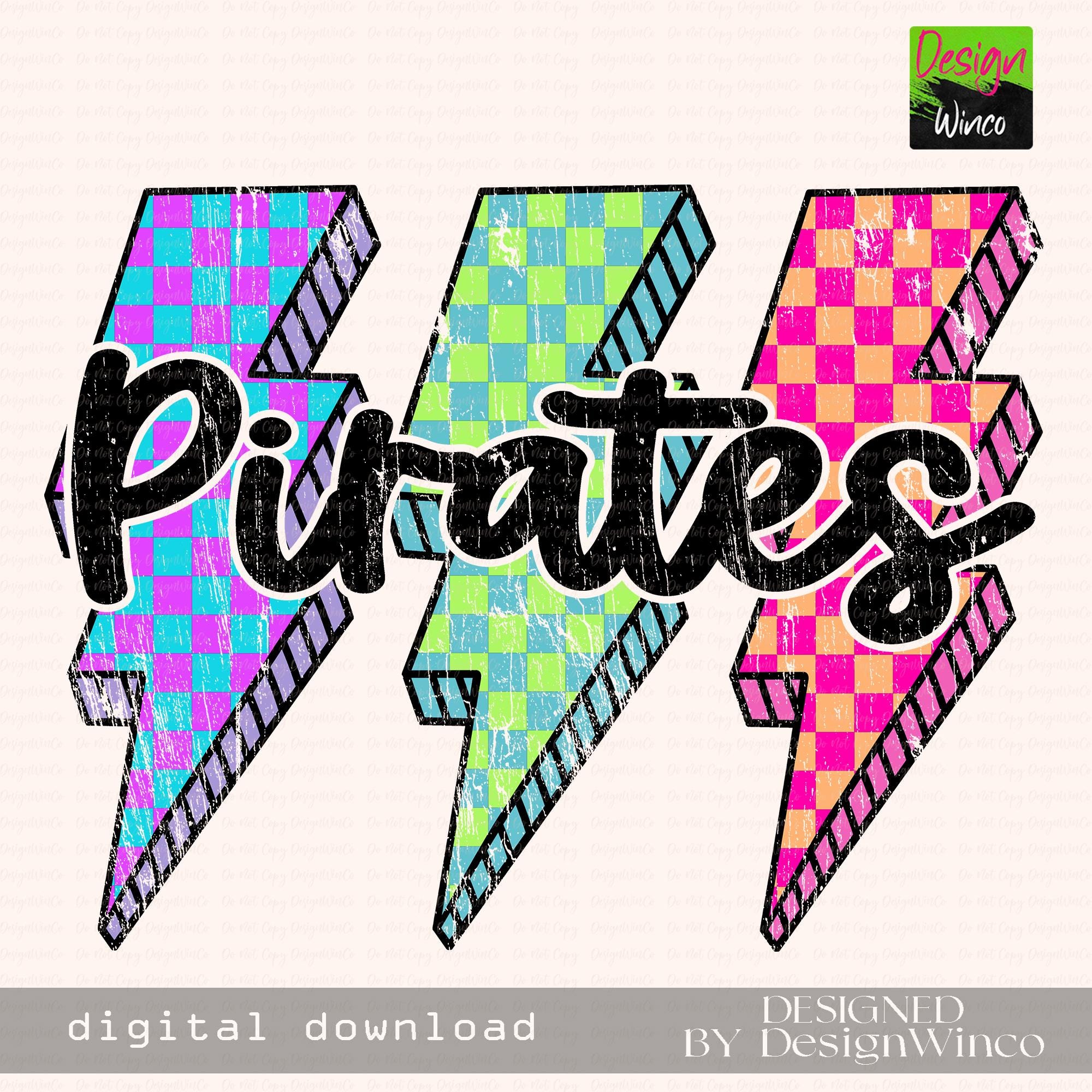 Pirates Png, Checkered Lightning Bolt Png, Retro Pirates Sublimation, Game Day Png, Pirates Mascot Shirt Png, Neon Pirates Png, DTF, DTG