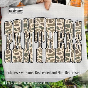 Panthers PNG, Retro Camo Distressed Varsity Letters, School Spirit Game Day Shirt Design, Varsity Mascot Sublimation PNG, Team Pride PNG