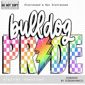 Bulldog Pride PNG, Checkered Bulldogs PNG, Retro Sublimation Lightning Bolt Design, Game Day PNG, Bulldogs Shirt, Neon Mascot Png