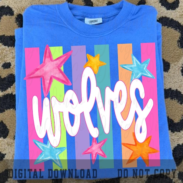 Wolves Mascot PNG, Preppy Striped Game Day Shirt Design, Colorful School Spirit PNG