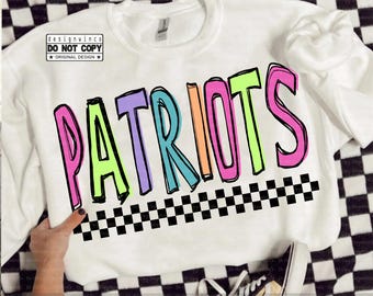 Mascotte dei Patriots retrò in formato PNG, PNG a scacchi colorati disegnati a mano, Design per maglietta "School Spirit Game Day", Download digitale di Cheerleading a sublimazione