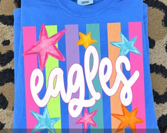 Eagles Mascot PNG, Preppy Striped Game Day Shirt Design, Colorful School Spirit PNG