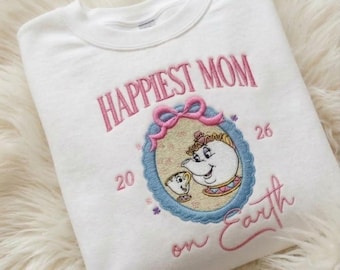 Mrs Potts Mom Embroidered T-Shirt, Happiest Mom on Earth Shirt, Cute Chip and Mrs Potts Graphic Tee, Mother’s Day Gift for Mom