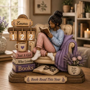 May include: A decorative figurine featuring a person reading in a chair, a calendar with the name Emma, and a stack of books labeled Just A Girl Who Loves Books. The base includes the text Book Read This Year and a pot labeled Books Coffee Peace.