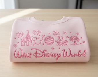 Pink Embroidered Disney World Sweatshirt, Castle Fireworks Icons, Orlando Vacation Crewneck, Matching Family Trip Souvenir, Disney Gift.