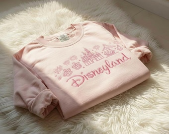 Pink Embroidered Disneyland Sweatshirt, Castle Fireworks Icons, Orlando Vacation Crewneck, Matching Family Trip Souvenir, Disney Gift.
