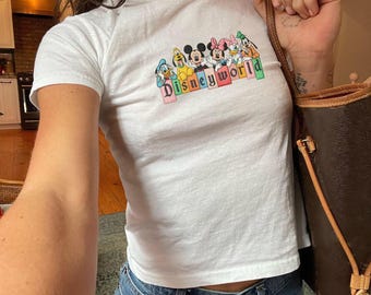 Disney World Embroidered Baby Tee, Mickey Minnie Cropped Shirt, Fitted Disney Top, Magic Kingdom Trip Outfit