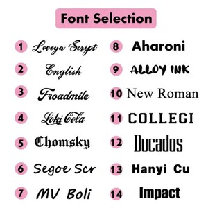May include: A graphic displaying "Font Selection" with 14 font options. Each font is numbered and presented in a different style, ranging from script to bold, sans-serif, and decorative. The fonts are in black text on a white background.