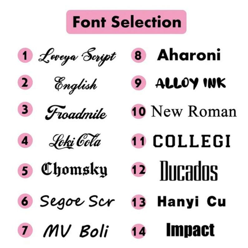 May include: A graphic displaying "Font Selection" with 14 font options. Each font is numbered and presented in a different style, ranging from script to bold, sans-serif, and decorative. The fonts are in black text on a white background.