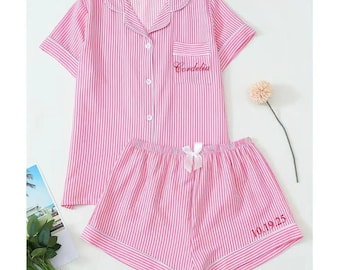Personalized Seersucker Pajama Set, Custom Embroidered Monogram Sleep Shorts, Bridesmaid Gift, Matching Bridal Party Lounge Set.